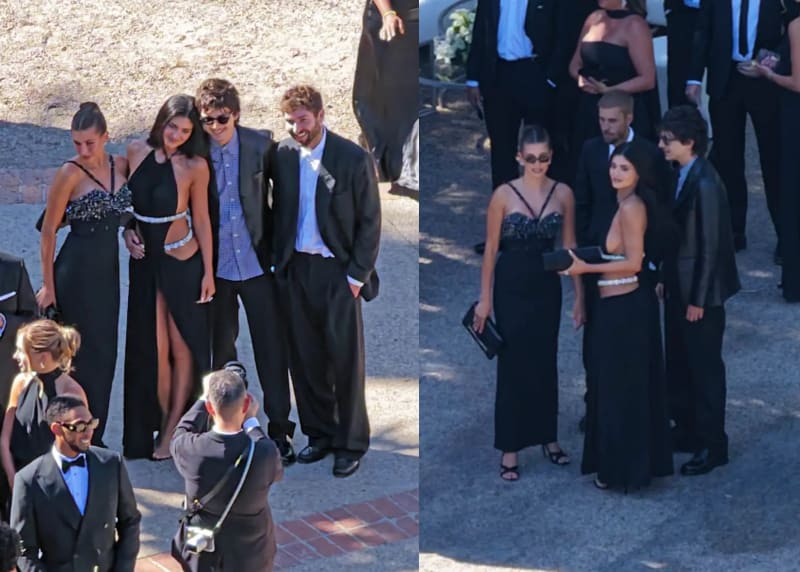 Left panel: two women in black formal gowns and two men in dark suits posing together outdoors while a photographer crouches below them, surrounded by other formally dressed guests; right panel: the same two women in black gowns standing together outdoors with a man in a black jacket visible beside them and other formally dressed guests in the background.