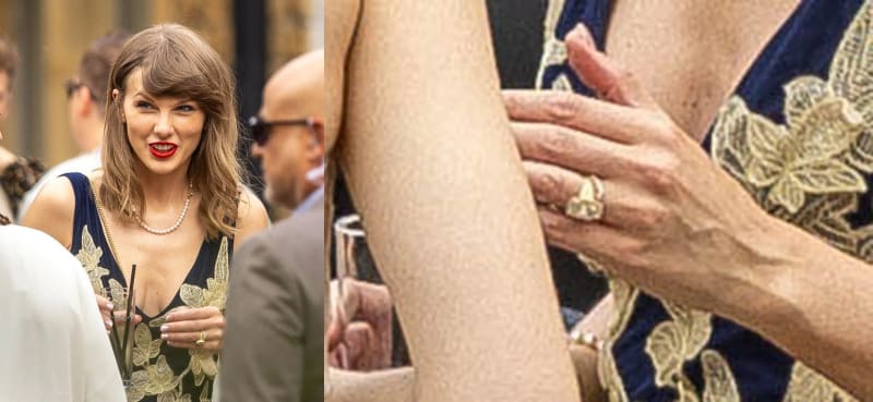 A woman with brown hair and red lipstick wearing a navy and gold floral sleeveless dress and pearl necklace holds a drink at an outdoor gathering, alongside a close-up of her hand showing a gold ring worn on her ring finger against the same dress.