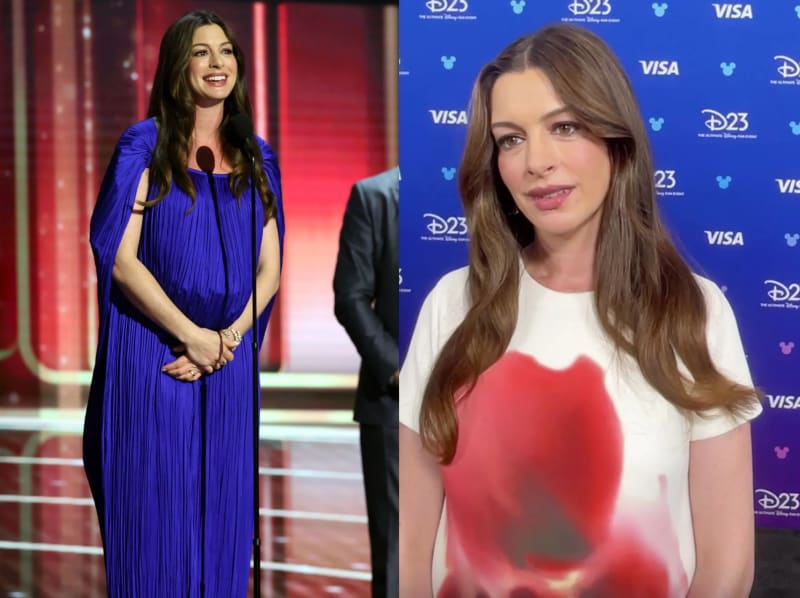 On the left, a woman with long brown hair wearing a pleated royal blue cape gown stands smiling at a microphone on a red-lit stage with another person partially visible behind her; on the right, the same woman in a white short-sleeve top with a red floral print poses in front of a blue D23 and Visa branded step-and-repeat backdrop.