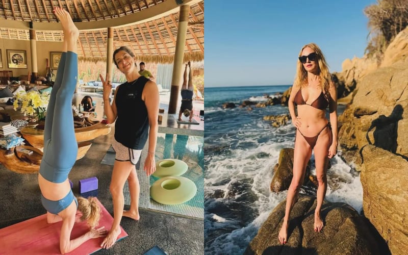 Left: woman in headstand on yoga mat with friend giving peace sign, open-air pavilion; right: woman in brown bikini poses on rocky coastline with crashing waves.