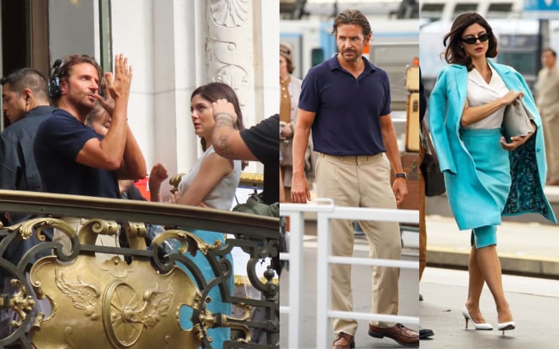 Three on-set panels: man in navy tee gesturing on ornate balcony with woman in white; man in navy polo walking at train platform; woman in turquoise coat and skirt at same platform.
