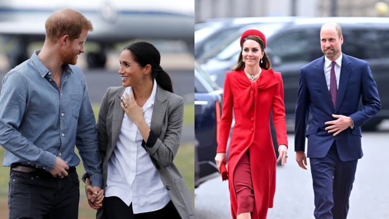 Two photos: man in blue shirt and woman in grey blazer walking hand-in-hand; woman in red coat and hat with man in navy suit walking together.