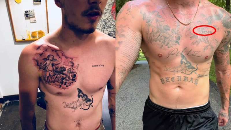 Two shirtless men with chest tattoos: left with cherub and 'mama's boy' text; right with 'Peltz' and 'Beckham' script, red circle highlighting a faded tattoo.