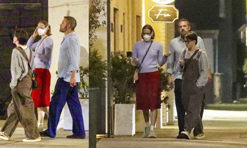 Two photos: man in blue shirt walking with teen in red skirt and mask, child in overalls; closer view outside Fia restaurant at night.