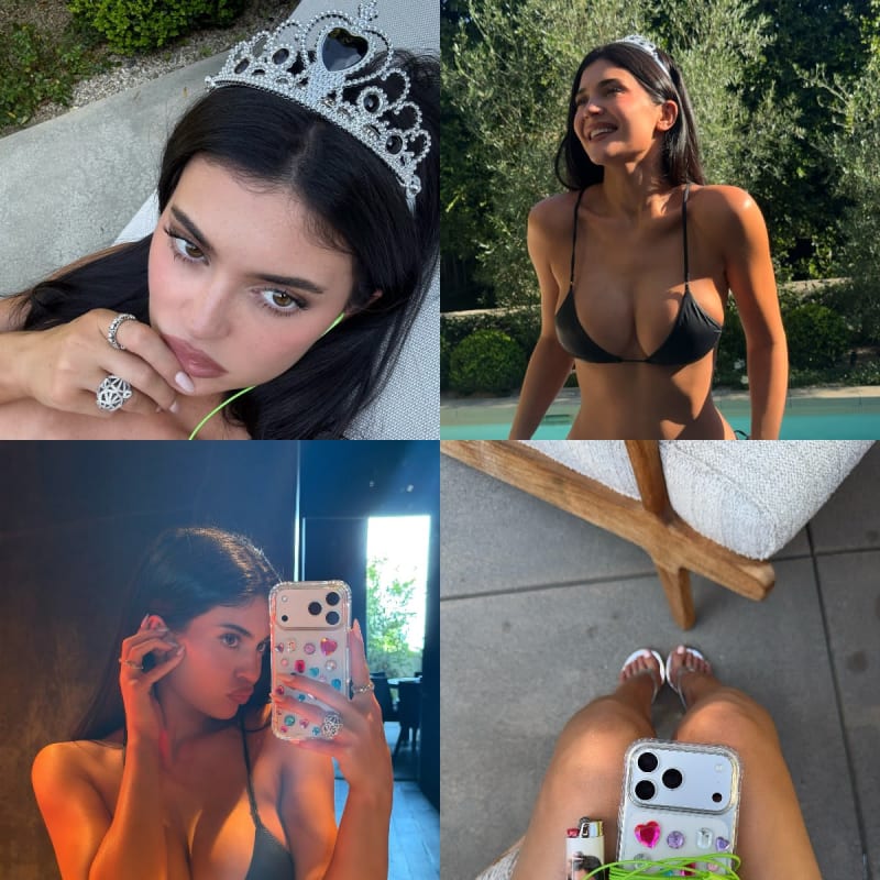 Four photos: woman in tiara close-up; black bikini top by pool; mirror selfie topless; legs and phone on lounge chair — outdoor and indoor settings.