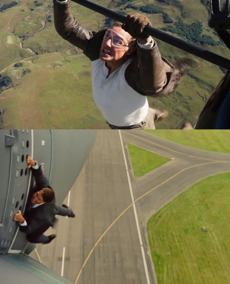 Two movie stunt shots: man in brown jacket clinging to helicopter bar over green hills; man in black suit hanging from aircraft over runway.