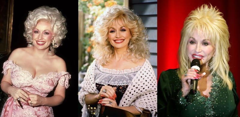 Three photos of same woman across decades: pink off-shoulder dress smiling; white crochet shrug seated outdoors; green sequined outfit holding microphone against red background.