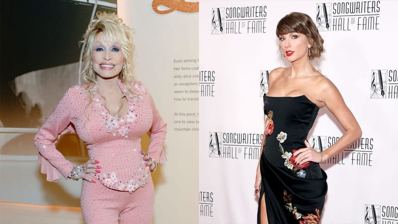 Two women at Songwriters Hall of Fame event: one in pink sequined outfit on left, one in black strapless dress on right.