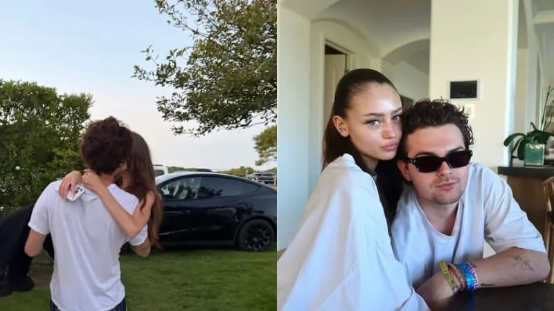 Two photos: couple embracing outdoors near black car; woman and man in sunglasses posing indoors at table.