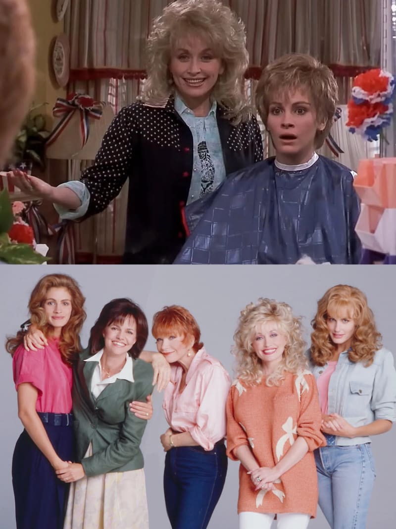 Two photos: woman in polka-dot jacket gesturing beside woman in blue salon cape; five women in pastel tops posing together in promotional shot.