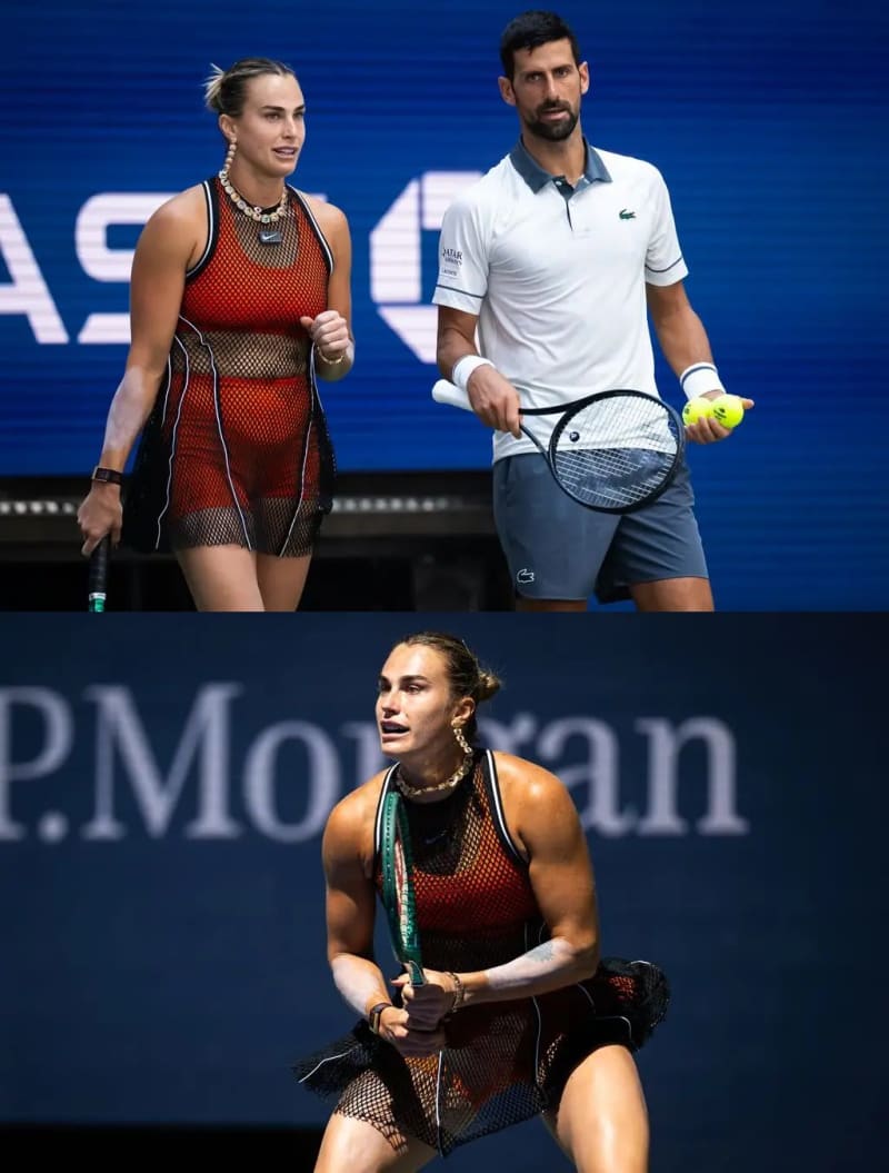 Two tennis court court photos: woman in red mesh outfit beside man in white Lacoste polo holding racket; same woman crouching with racket.