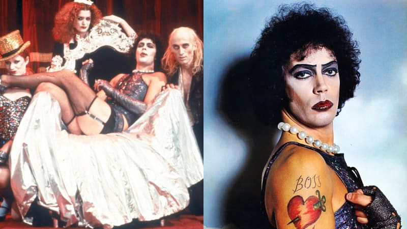 Two photos: group in elaborate costumes and heavy makeup posed theatrically; man in pearl necklace, heavy makeup and dark curly wig with 'Boss' heart tattoo on arm.