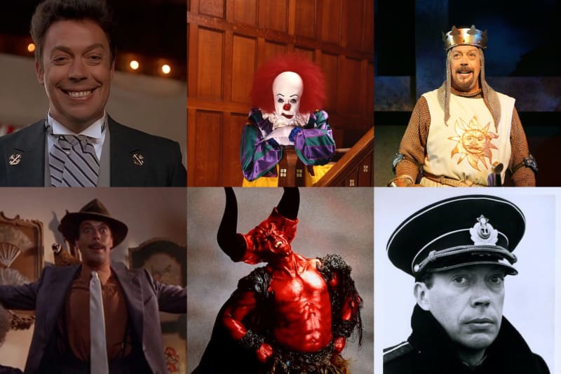Six-panel grid of one actor in different roles: suit and tie grinning; Pennywise clown costume; medieval king costume on stage; brown hat and jacket arms outstretched; full red devil body makeup with horns; black-and-white military cap portrait.