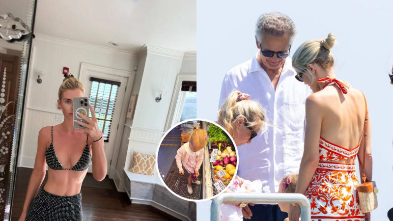 Three photos: woman in black bikini taking mirror selfie indoors; toddler at produce stand; older man in white shirt with woman in orange halter dress outdoors.