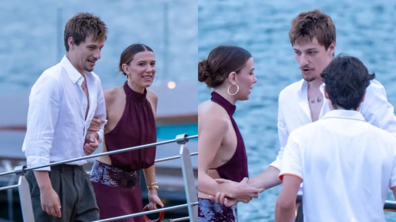 Two photos: man in white shirt with woman in burgundy halter dress laughing; same couple talking with third person, on yacht deck.