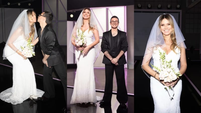 Three photos: woman in white wedding gown kissing man in black suit; same woman posing with shorter man in black suit; woman in white gown with bouquet — all on dark studio set.