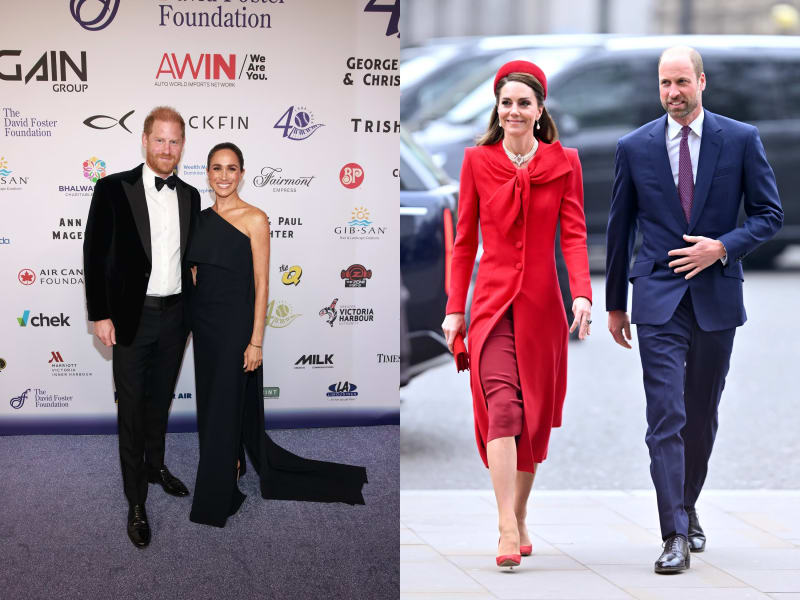 Two photos: man in tuxedo and woman in black gown at David Foster Foundation gala; woman in red coat and man in navy suit walking outdoors.