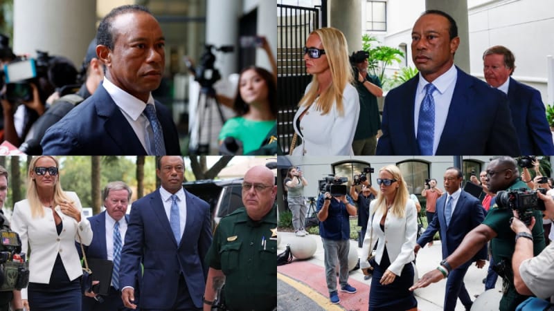 Four photos: man in navy suit alone facing cameras; man in navy suit with woman in white blazer; group walking with sheriff escort; couple walking past camera crew — all outside courthouse.