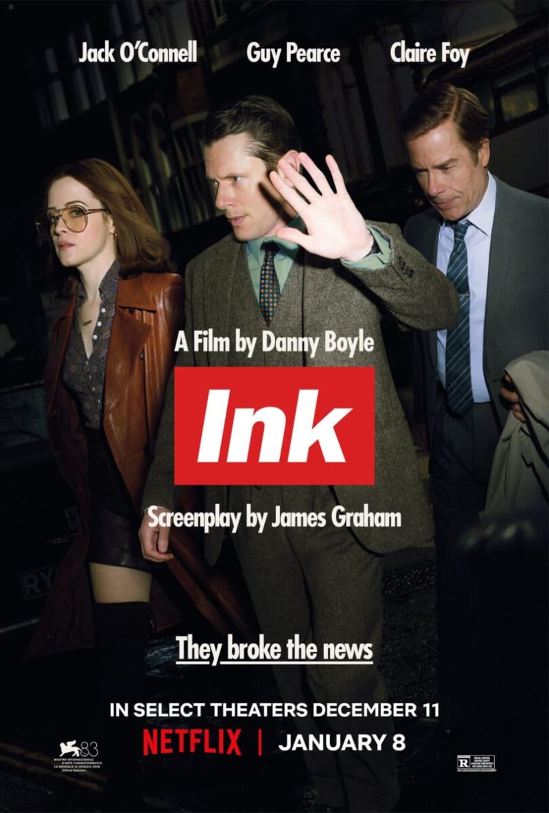 Movie poster for "Ink" featuring Jack O'Connell, Guy Pearce, and Claire Foy, directed by Danny Boyle.
