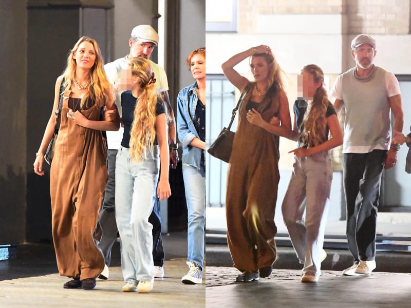 Two photos: woman in brown jumpsuit walking arm-in-arm with man in cap; same couple walking with child between them, urban street setting at night.