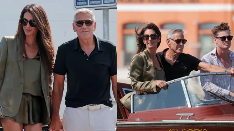 Two photos: woman in green blazer and man in black polo walking hand-in-hand; same couple on water taxi with third man in striped shirt, Venice.