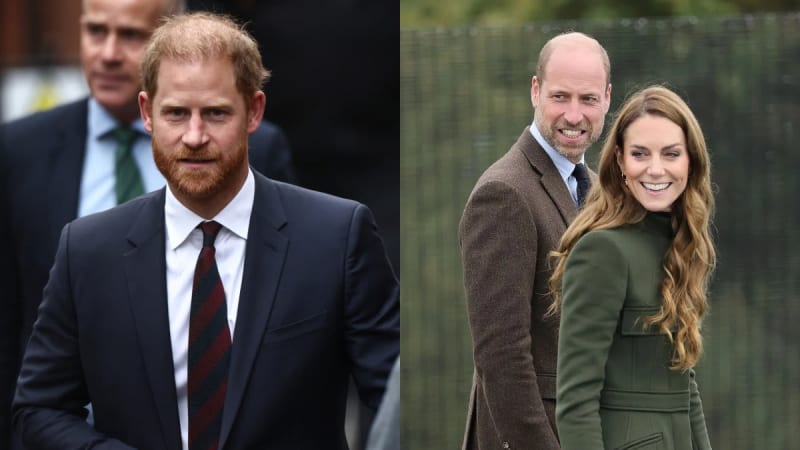 Two photos: man in navy suit and striped tie outdoors; man in brown jacket and woman in green coat smiling together outdoors.