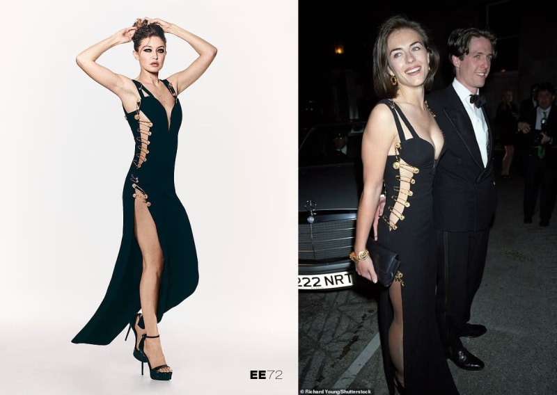 Two photos: woman in black safety-pin gown, hands raised, white studio background; woman in identical black safety-pin gown with man in tuxedo, outdoor evening setting.