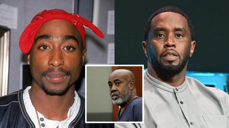 Three photos: man in red bandana, close-up portrait; man in grey shirt at event; man in blue prison scrubs at court hearing, inset centre.