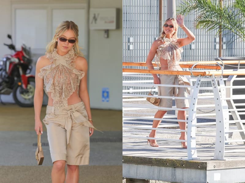 Two photos: woman in beige lace top walking near motorcycles; same woman waving on a dock gangway.