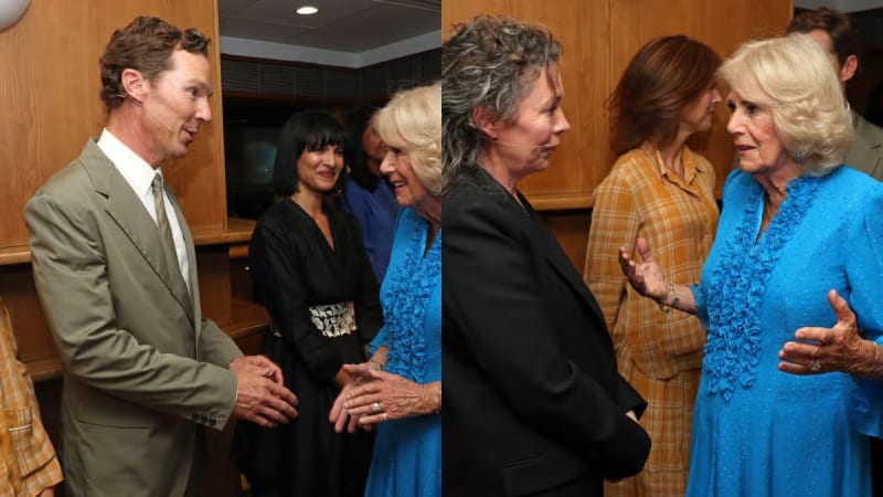 Two photos: man in grey suit shaking hands with woman in blue ruffled dress, woman in black nearby; woman in black jacket conversing with same woman in blue dress, indoor venue.
