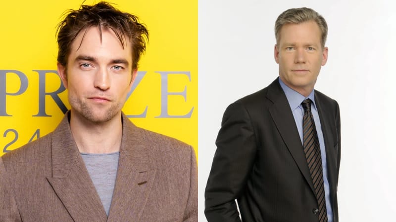 Two photos: man in tan blazer at yellow event backdrop; man in dark suit and striped tie against white background.