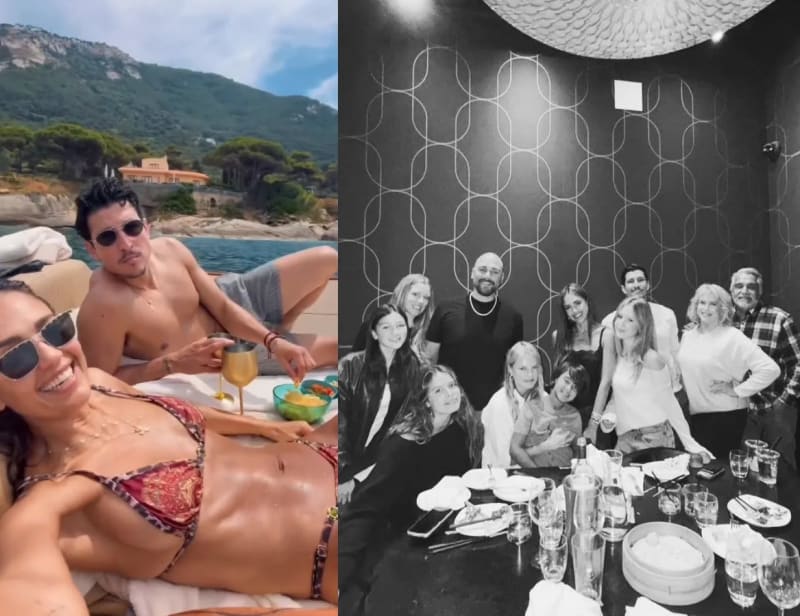 Two photos: woman in red bikini and shirtless man on a boat with coastal hillside behind; group of about ten people posing at a restaurant dinner table, black and white.
