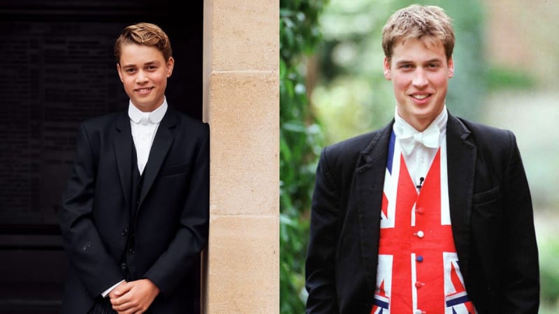 Two photos: teen boy in black Eton suit leaning against stone pillar; older teen in black jacket with Union Jack waistcoat outdoors.