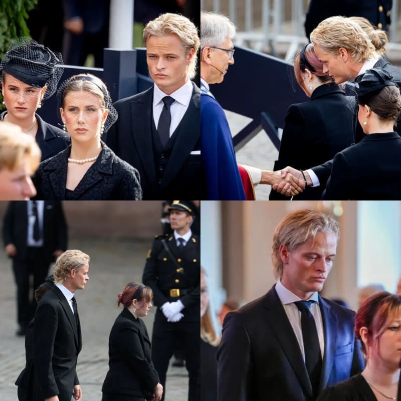 Four funeral photos: group in black mourning attire with veiled hat; two women shaking hands in black; young man in black suit facing woman outdoors; young man in navy suit indoors — all at formal state funeral.