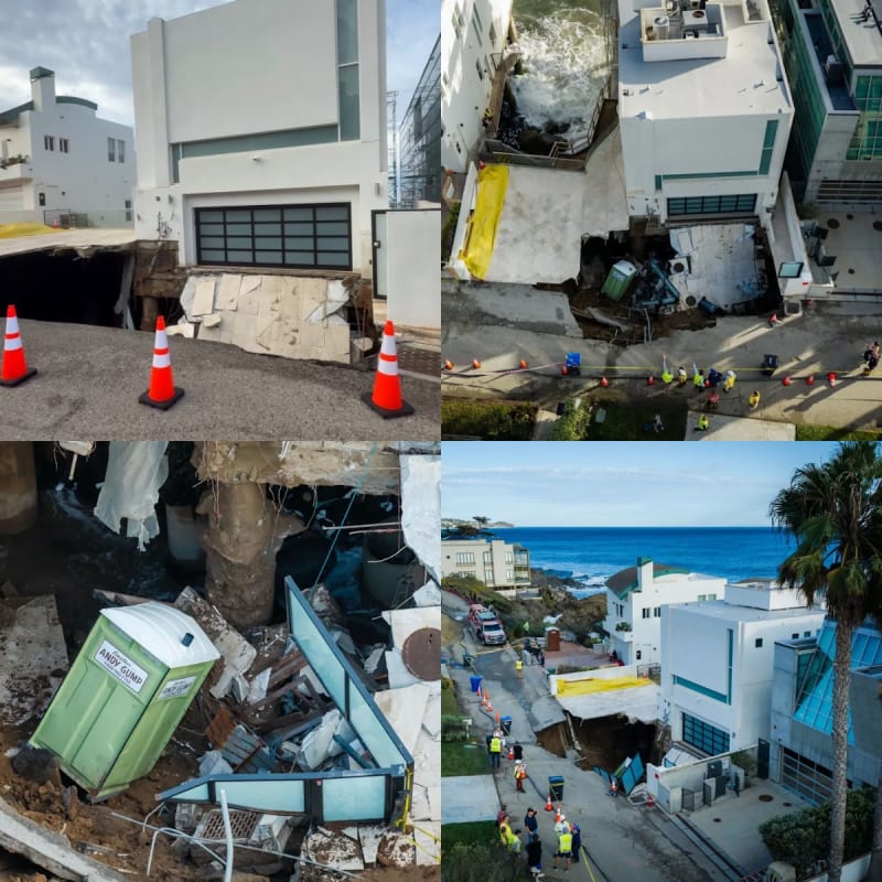 Four photos of sinkhole damage: ground-level view with orange cones; aerial view with workers in high-vis vests; debris and portable toilet in pit; aerial coastal view with emergency vehicles — all showing white beachfront property, Malibu.