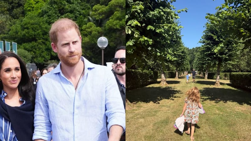 Two photos: man in blue shirt and woman in navy top outdoors; two children running away from camera through tree-lined garden.