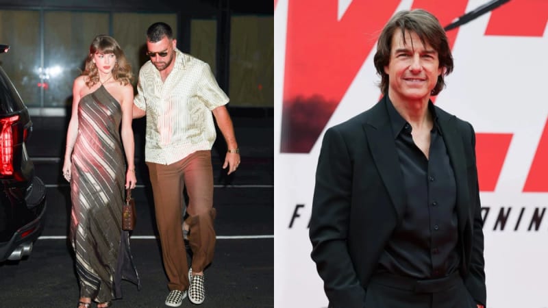 Two photos: woman in striped halter gown walking with man in cream shirt and brown trousers at night; man in black suit at red carpet premiere.