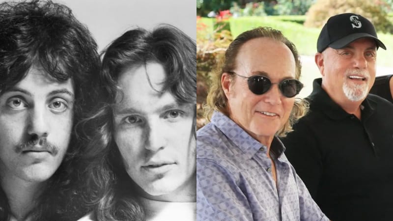 Two photos: two men in black-and-white portrait; same two men older, one in sunglasses and blue shirt, one in black cap, outdoors.