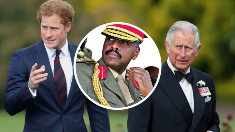 Two men in suits outdoors; military officer in uniform and cap, inset; outdoor garden setting.
