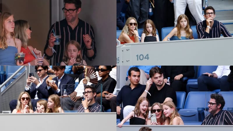 Four photos: man in striped shirt standing with drinks; woman in sunglasses seated with two girls and man in pinstripe blazer; group in lower seats watching match; girls taking selfie with man in blazer — all at a tennis stadium.