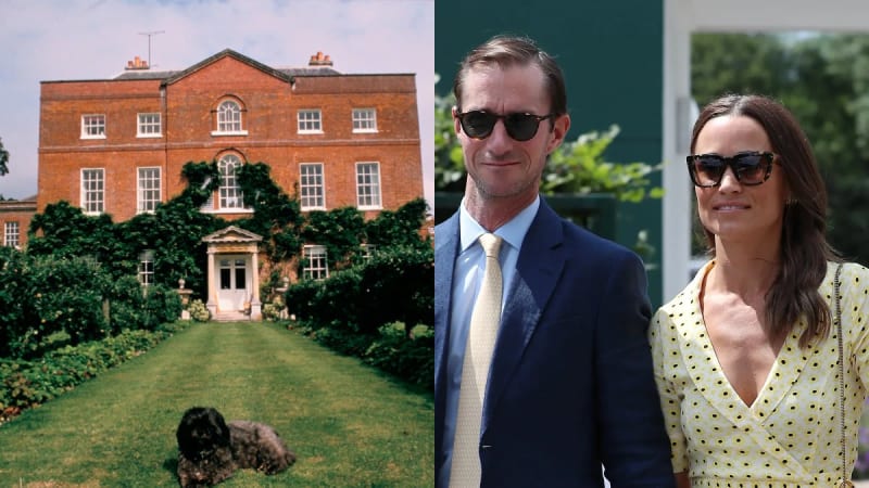Two photos: red brick Georgian manor with dog on lawn; man in navy suit and woman in yellow polka-dot dress, both in sunglasses outdoors.