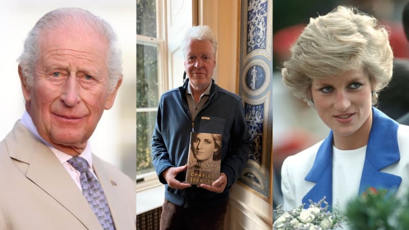 Three photos: older man in beige suit, headshot; man in blue jacket holding book titled 'Swan Song: Diana, My Sister'; woman in blue blazer with bouquet, headshot.