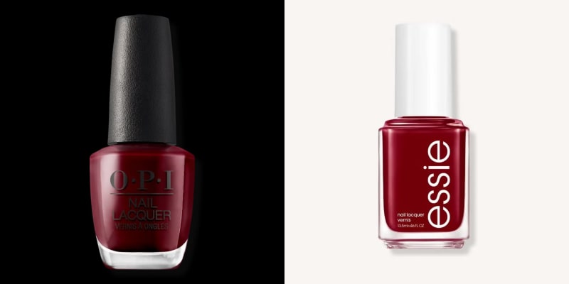 Two red nail polish bottles: OPI Nail Lacquer on black background; Essie Nail Lacquer on cream background.