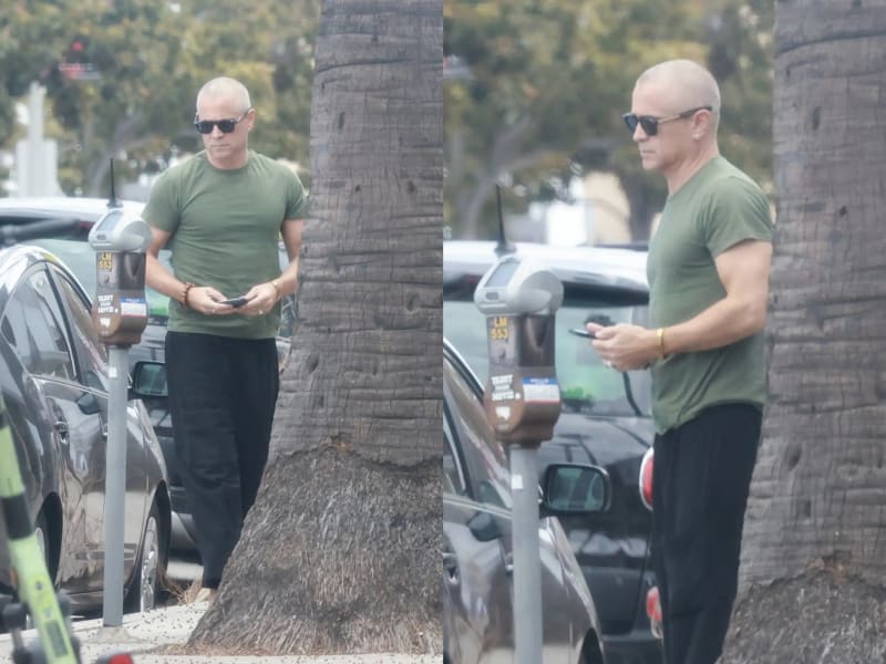 Two photos: man in green t-shirt checking phone front-on; same man side profile by parking meter, street setting.
