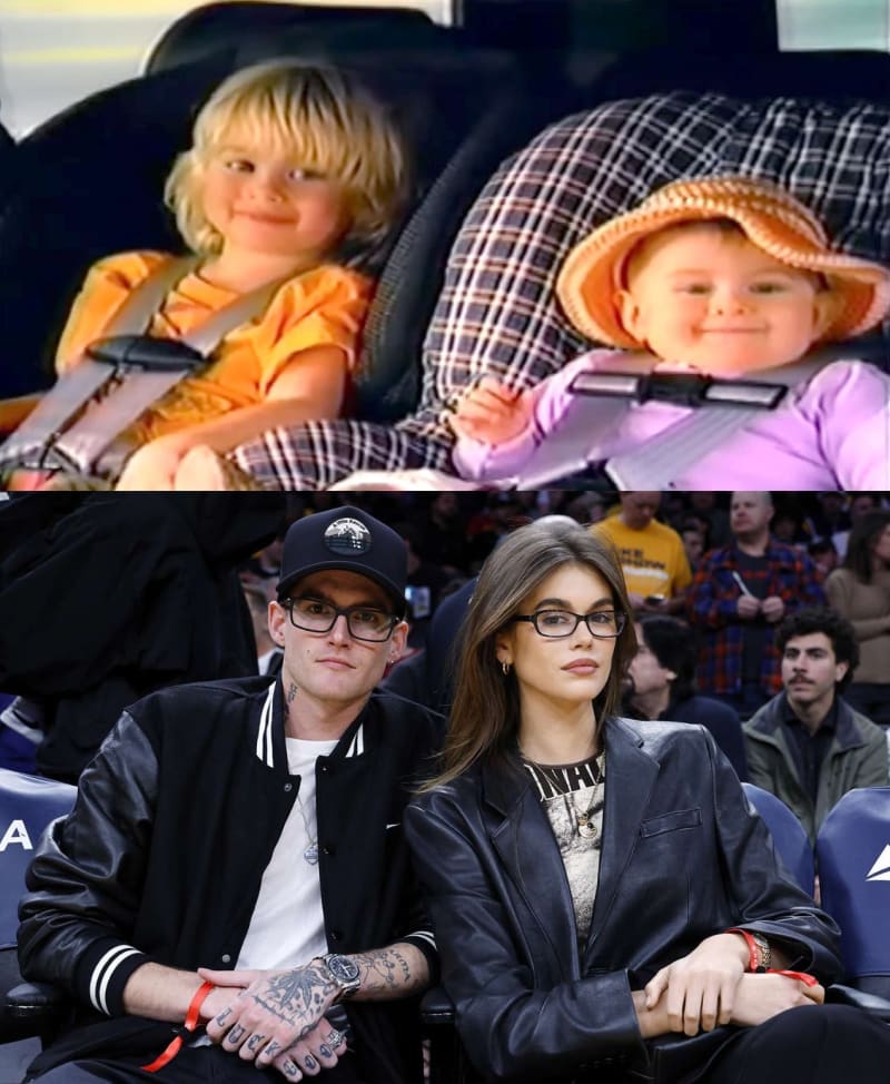 Two photos: toddler in orange top and baby in pink onesie with orange hat in car seats; man in black varsity jacket and baseball cap with woman in black leather blazer at basketball game.