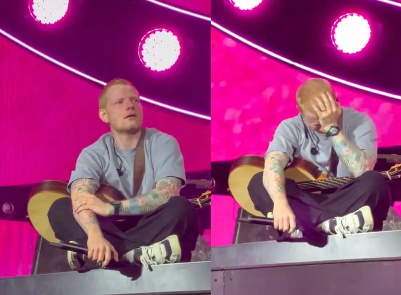 Two photos: man in grey t-shirt sitting cross-legged with guitar looking up; same man with hand covering face, on pink-lit stage.