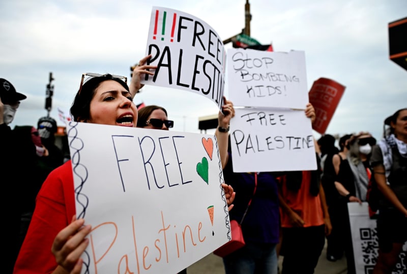 Pro-Palestine demonstrators hold signs calling for freedom and an end to bombing during a protest rally.