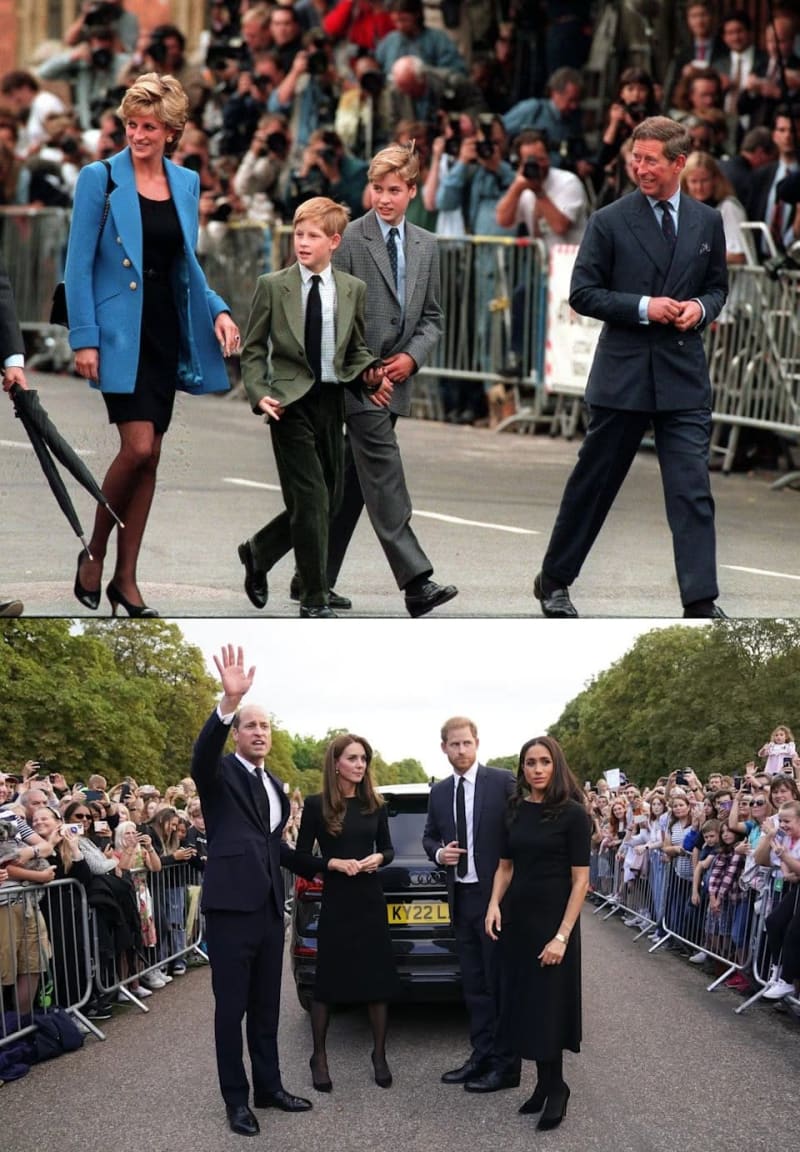 Two photos: woman in blue jacket walking with two boys and man in dark suit on street; two men and two women in all-black outfits waving to crowd outside Windsor Castle.