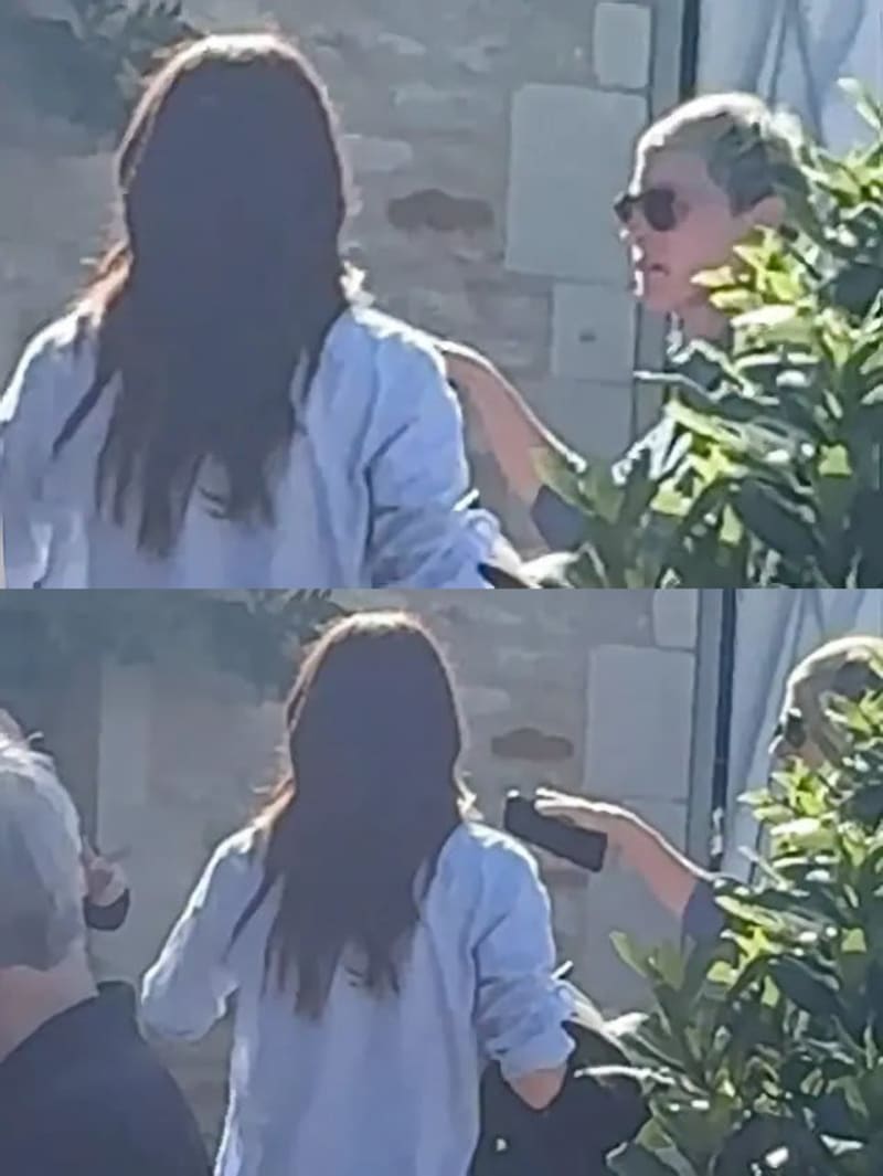 Two photos: woman in white shirt with long dark hair faces person in sunglasses outdoors; second panel shows hand extending phone toward same woman, stone wall and greenery behind both.
