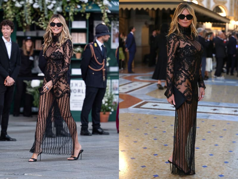 Two photos: woman in sheer black lace gown smiling outdoors; same woman posing inside ornate gallery interior.